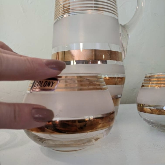 Mid Century Gold Czech Decanter Set Roly Poly Low Ball Glasses - Picture 7 of 9